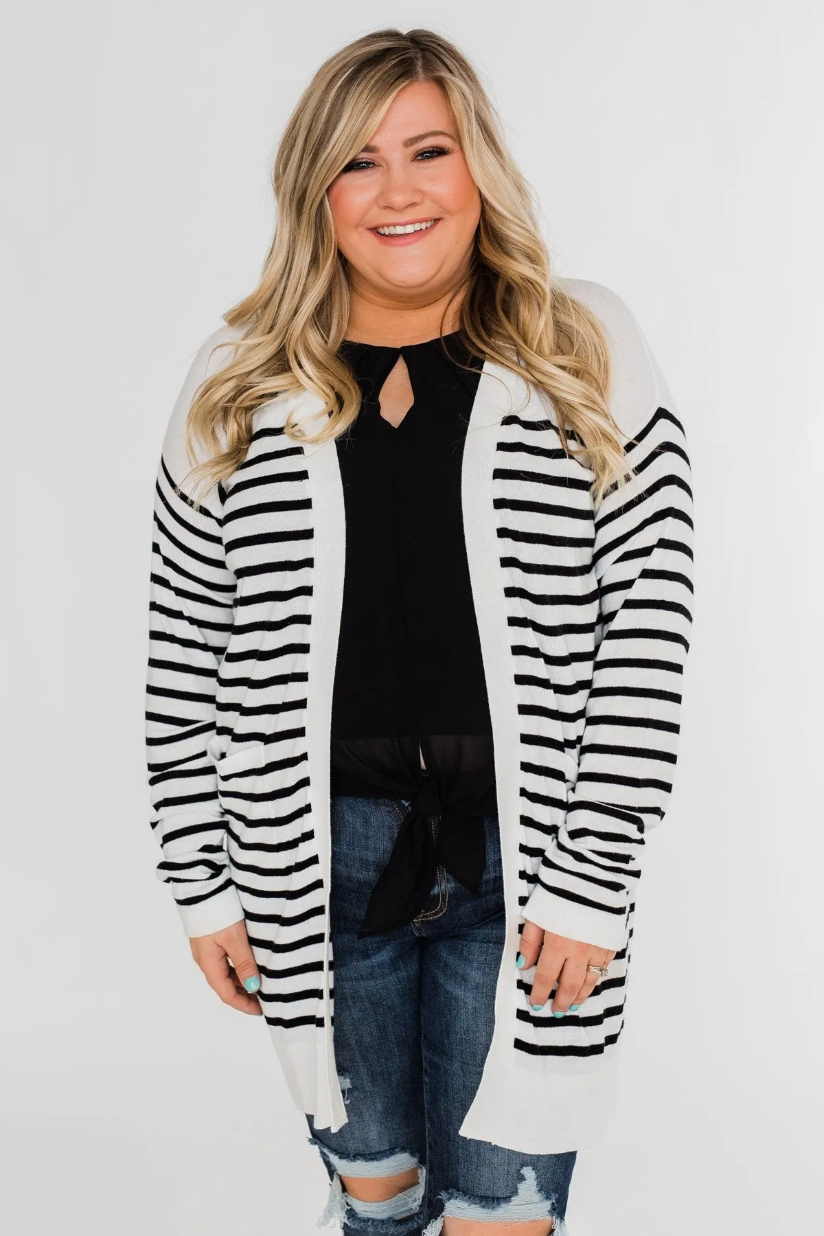Long Striped Cardigan- Off White & Black