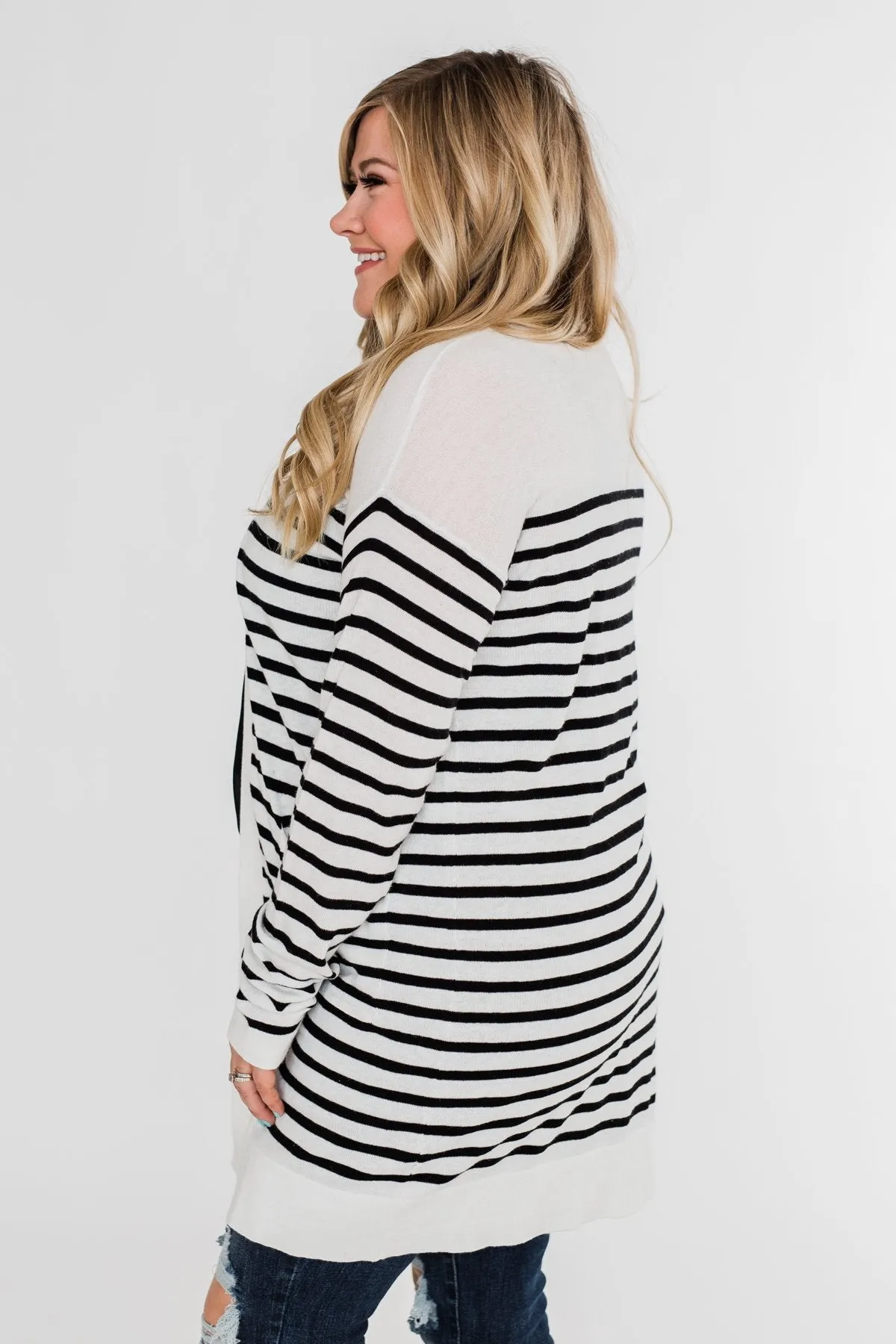 Long Striped Cardigan- Off White & Black