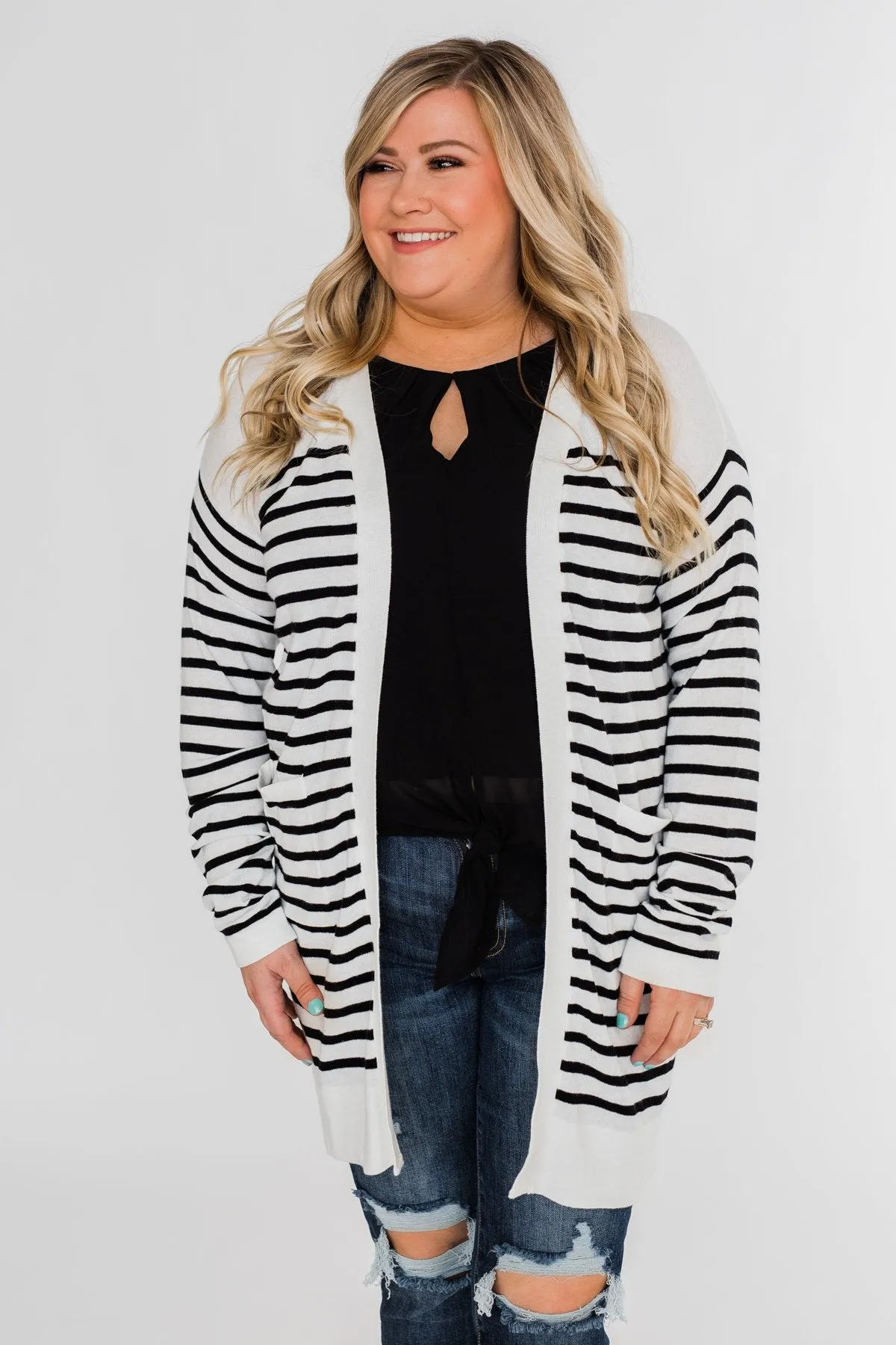 Long Striped Cardigan- Off White & Black