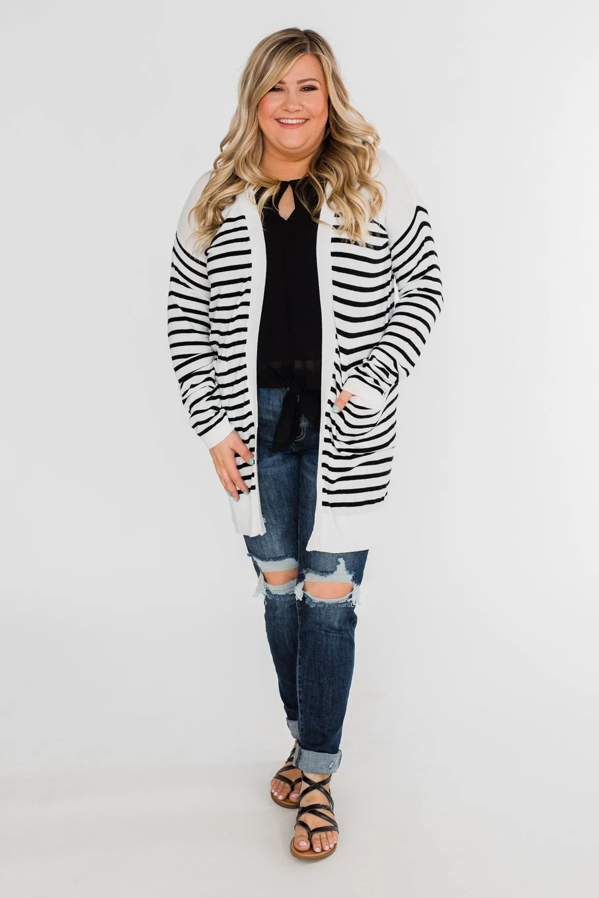 Long Striped Cardigan- Off White & Black
