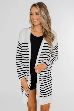 Long Striped Cardigan- Off White & Black