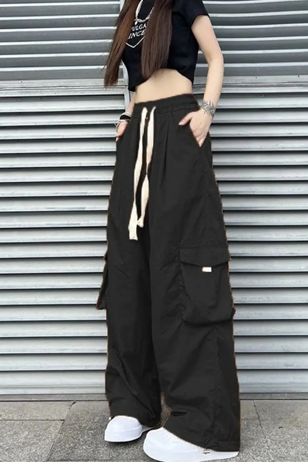 Loose Solid Wide Leg Cargo Pocket Pants
