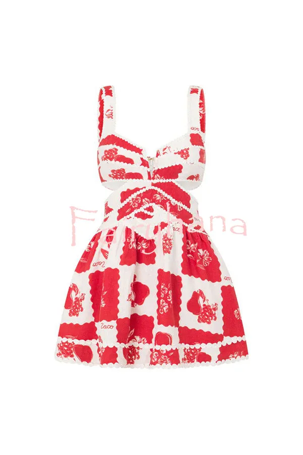 Lucia Linen Blend Ric Rac Trims Unique Print Cutout Pocketed Mini Dress