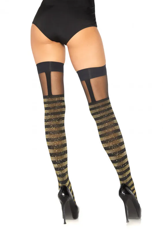 Lurex Opaque Striped Thigh Highs With Sheer Garter Top - One Size - Black/gold