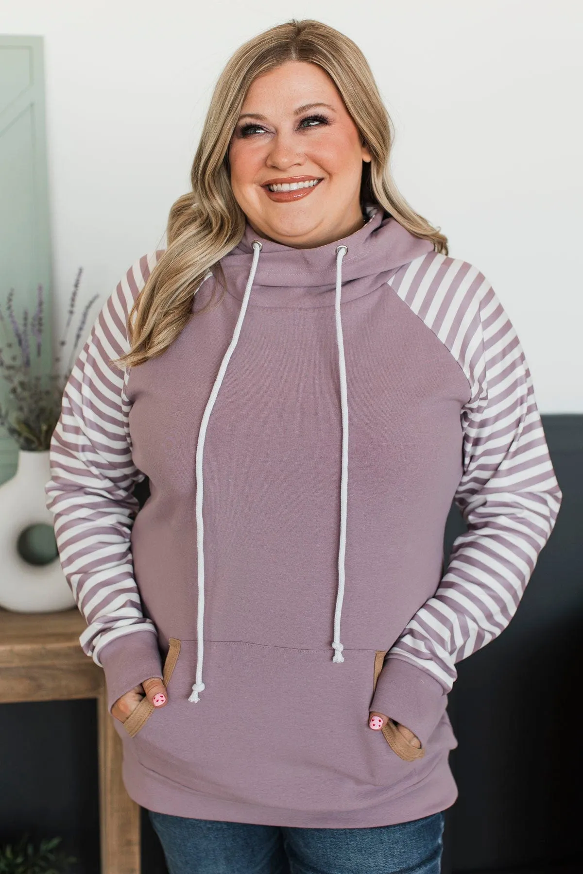 Major Impression Striped Drawstring Hoodie- Dusty Lavender