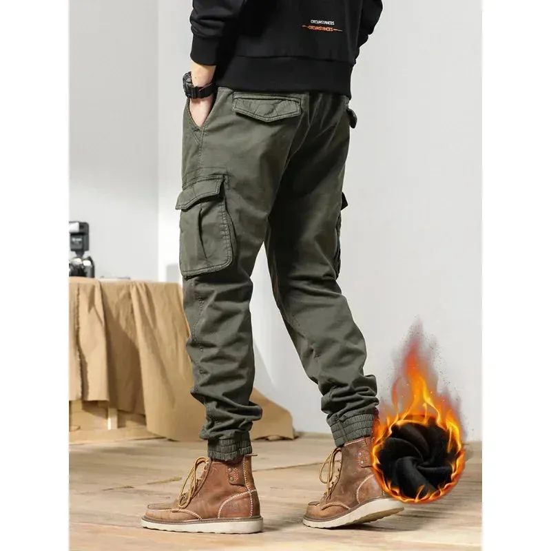 Men's Winter Cargo Pants with Fleece Liner - Multi-Pocketed Slim Fit Joggers for Streetwear Style