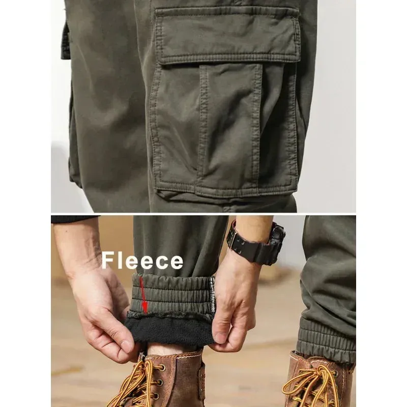 Men's Winter Cargo Pants with Fleece Liner - Multi-Pocketed Slim Fit Joggers for Streetwear Style