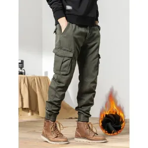 Men's Winter Cargo Pants with Fleece Liner - Multi-Pocketed Slim Fit Joggers for Streetwear Style