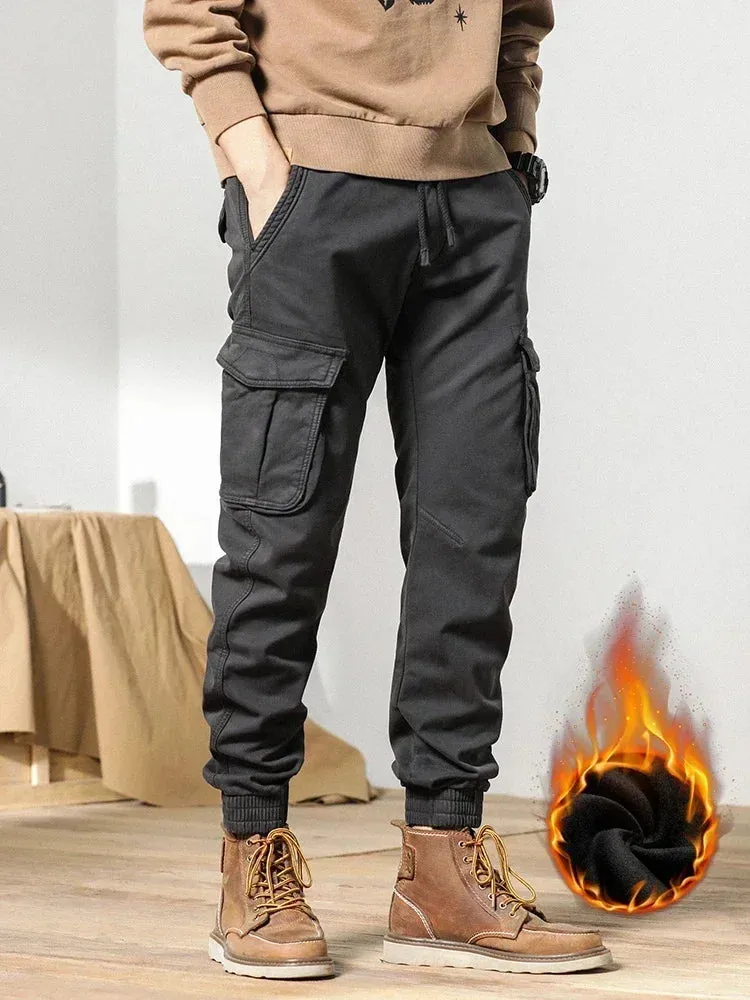 Men's Winter Cargo Pants with Fleece Liner - Multi-Pocketed Slim Fit Joggers for Streetwear Style