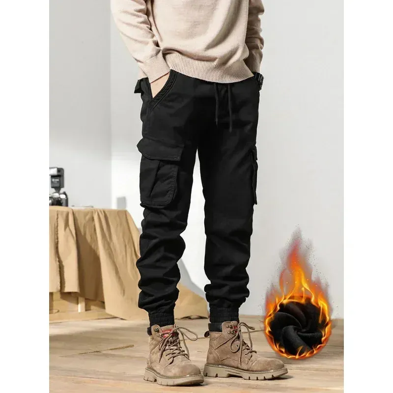Men's Winter Cargo Pants with Fleece Liner - Multi-Pocketed Slim Fit Joggers for Streetwear Style