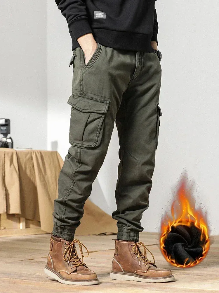 Men's Winter Cargo Pants with Fleece Liner - Multi-Pocketed Slim Fit Joggers for Streetwear Style