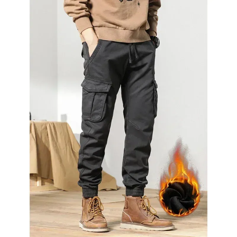 Men's Winter Cargo Pants with Fleece Liner - Multi-Pocketed Slim Fit Joggers for Streetwear Style