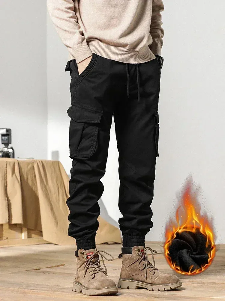 Men's Winter Cargo Pants with Fleece Liner - Multi-Pocketed Slim Fit Joggers for Streetwear Style