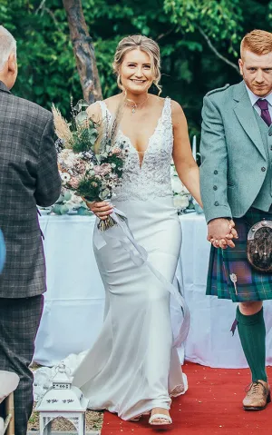 Mermaid V-neck Satin Simple Wedding Dress With Sweep Train And Low-V Bac716565