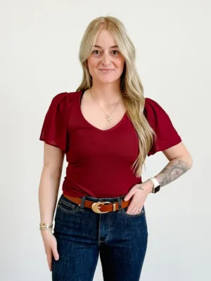 Mesh Ruffled Sleeve Slim Fit V-Neck Tee