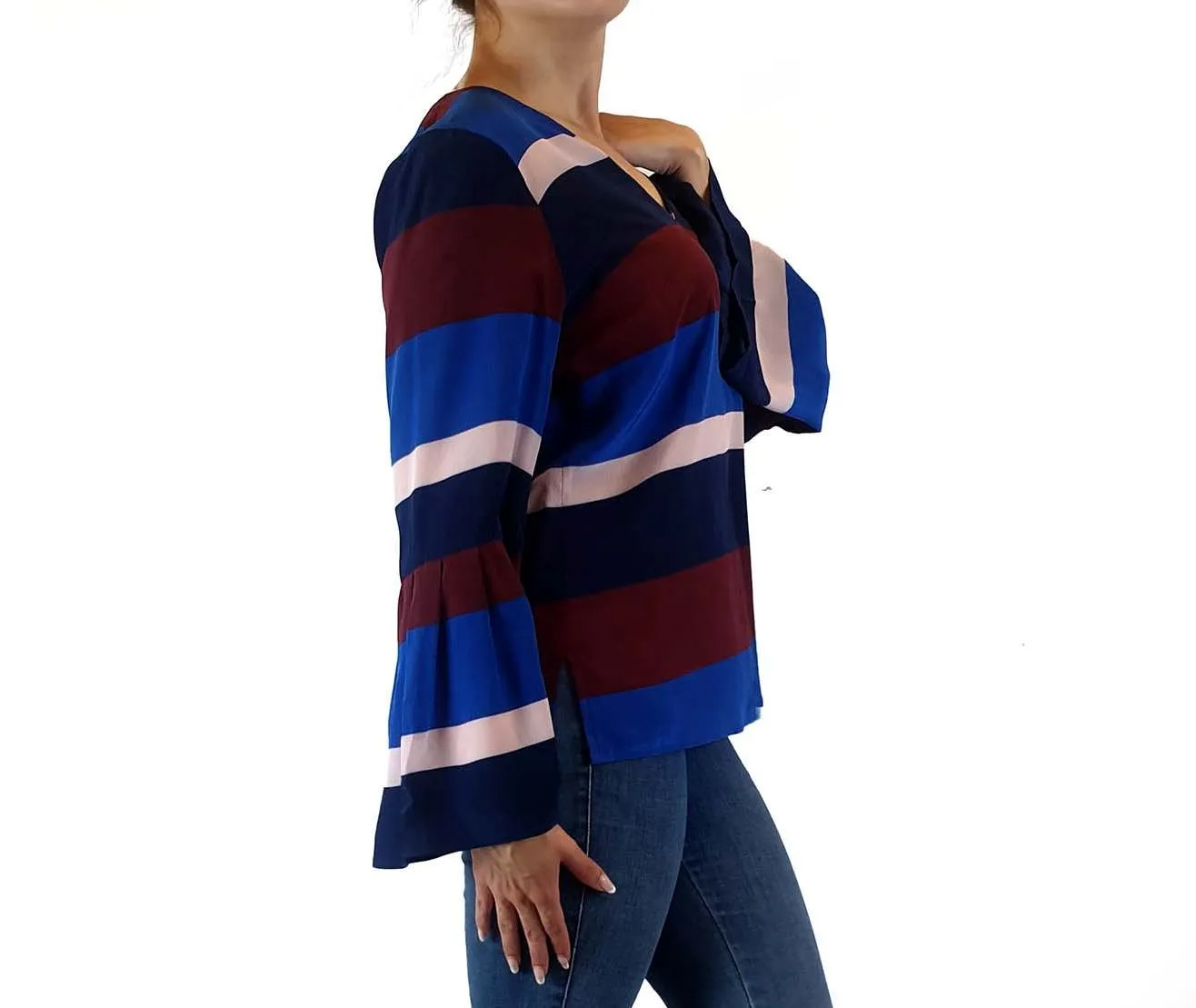 Milk & Thistle 100% silk striped bell sleeve top size 10