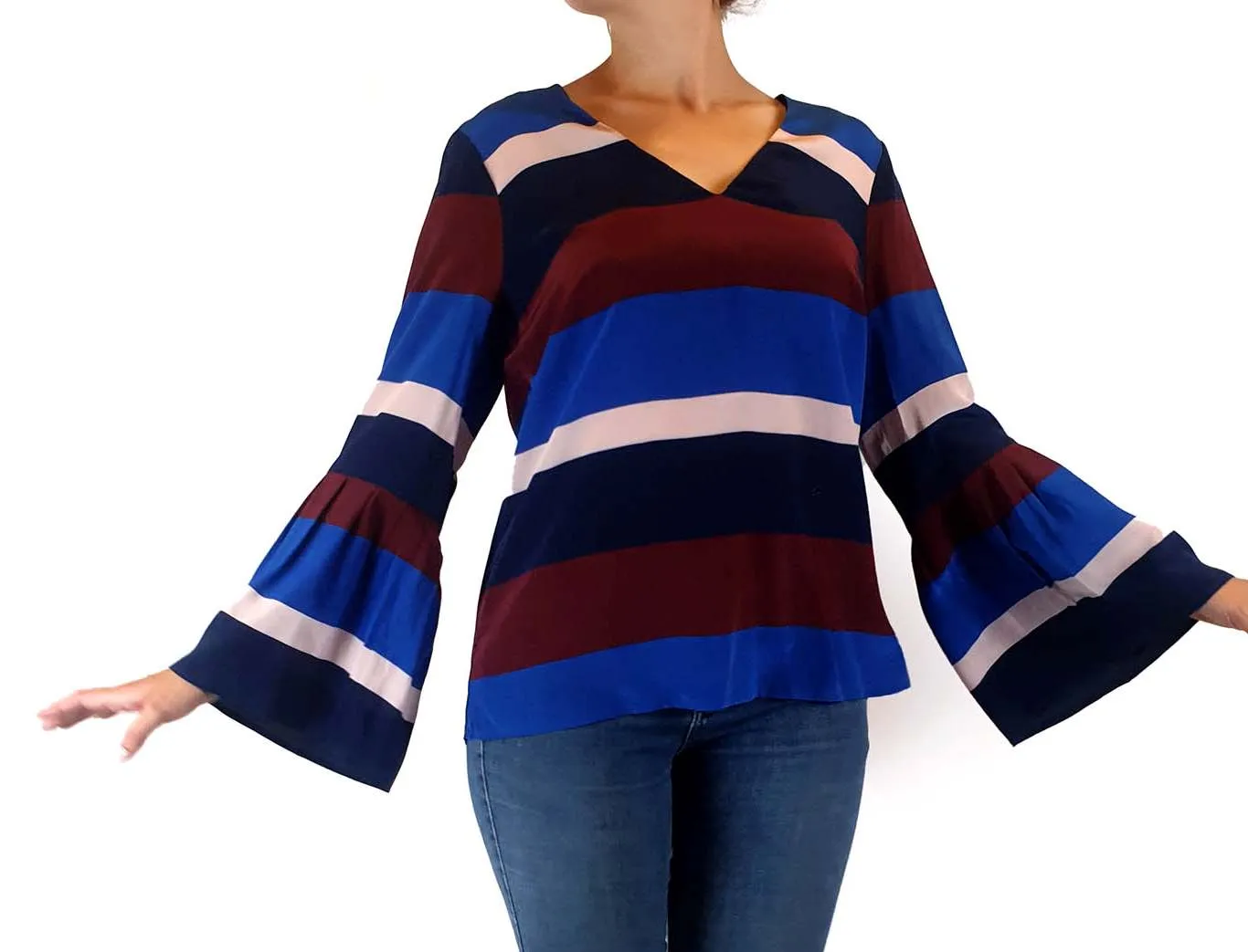 Milk & Thistle 100% silk striped bell sleeve top size 10