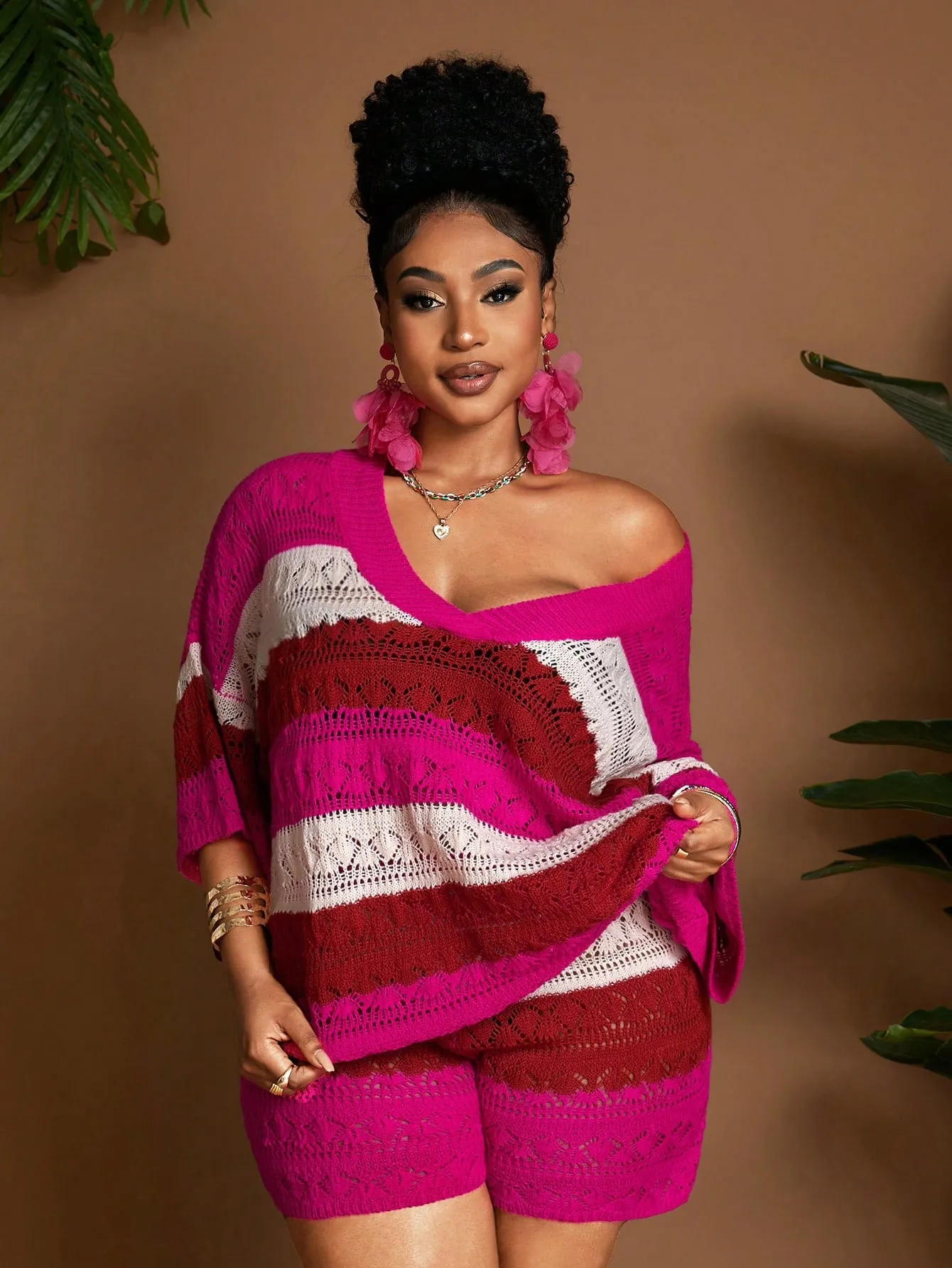 Multi-Color Striped V-Neck Boho 2 Piece Set - Plus Size