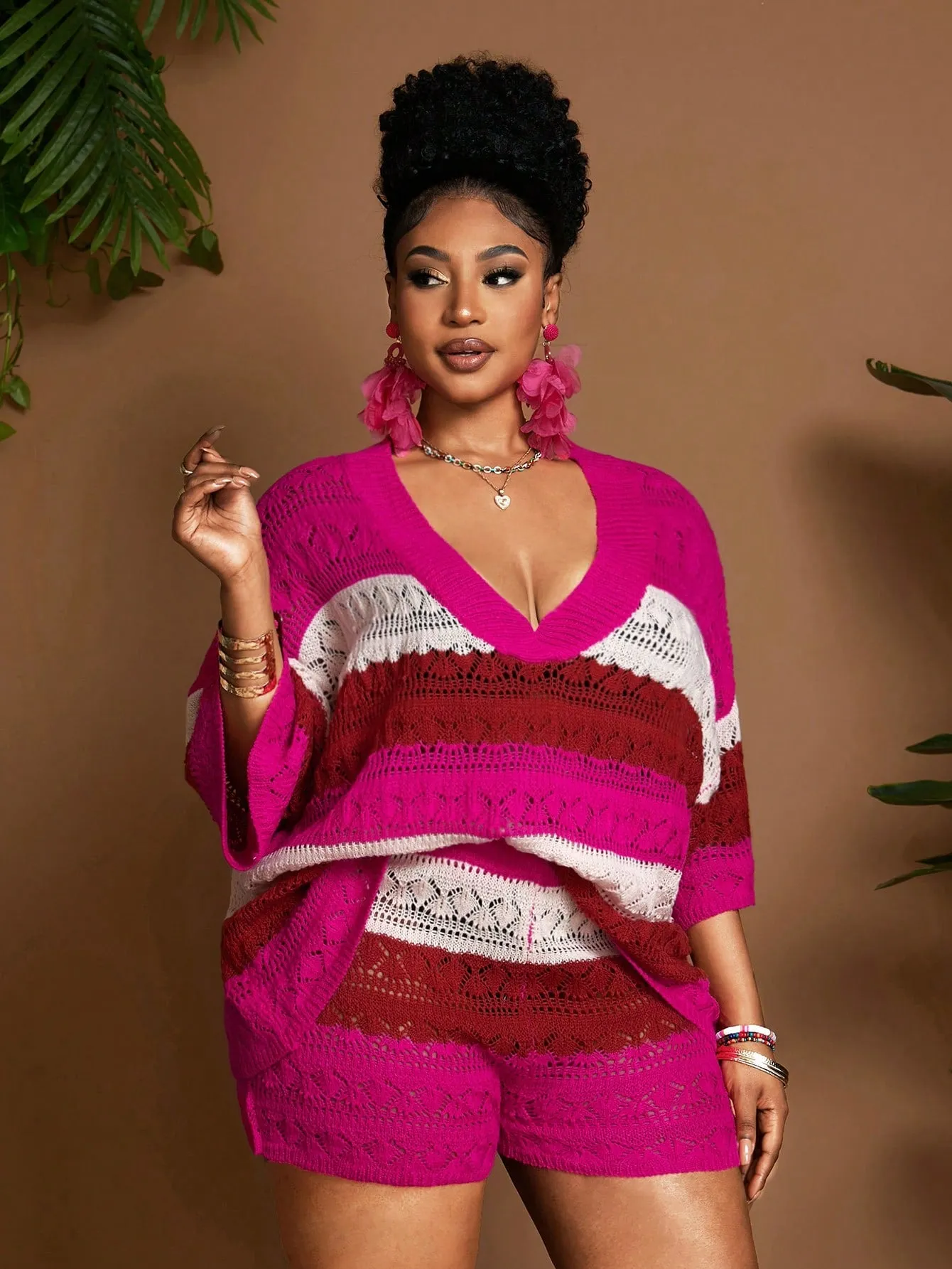 Multi-Color Striped V-Neck Boho 2 Piece Set - Plus Size