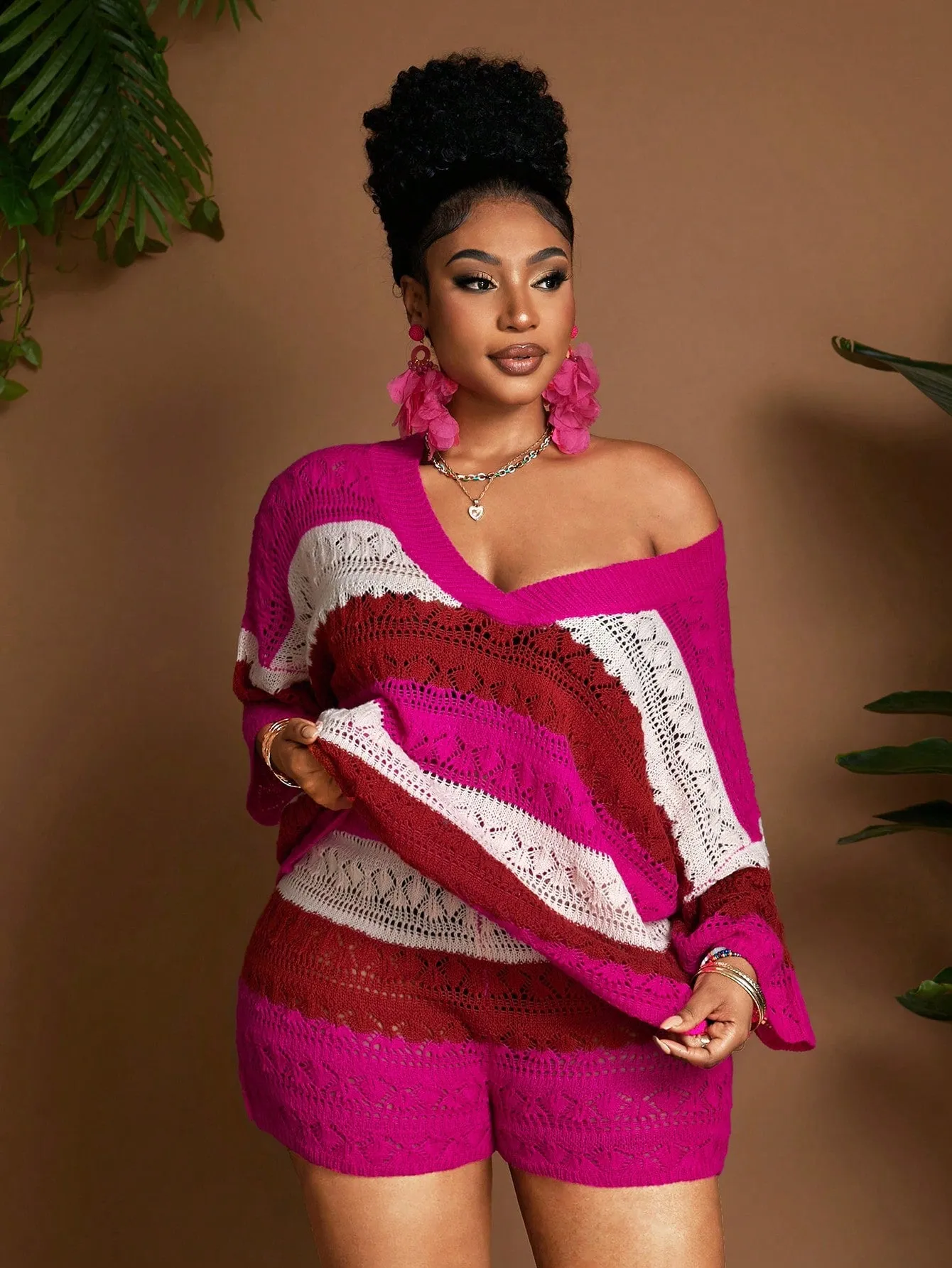 Multi-Color Striped V-Neck Boho 2 Piece Set - Plus Size