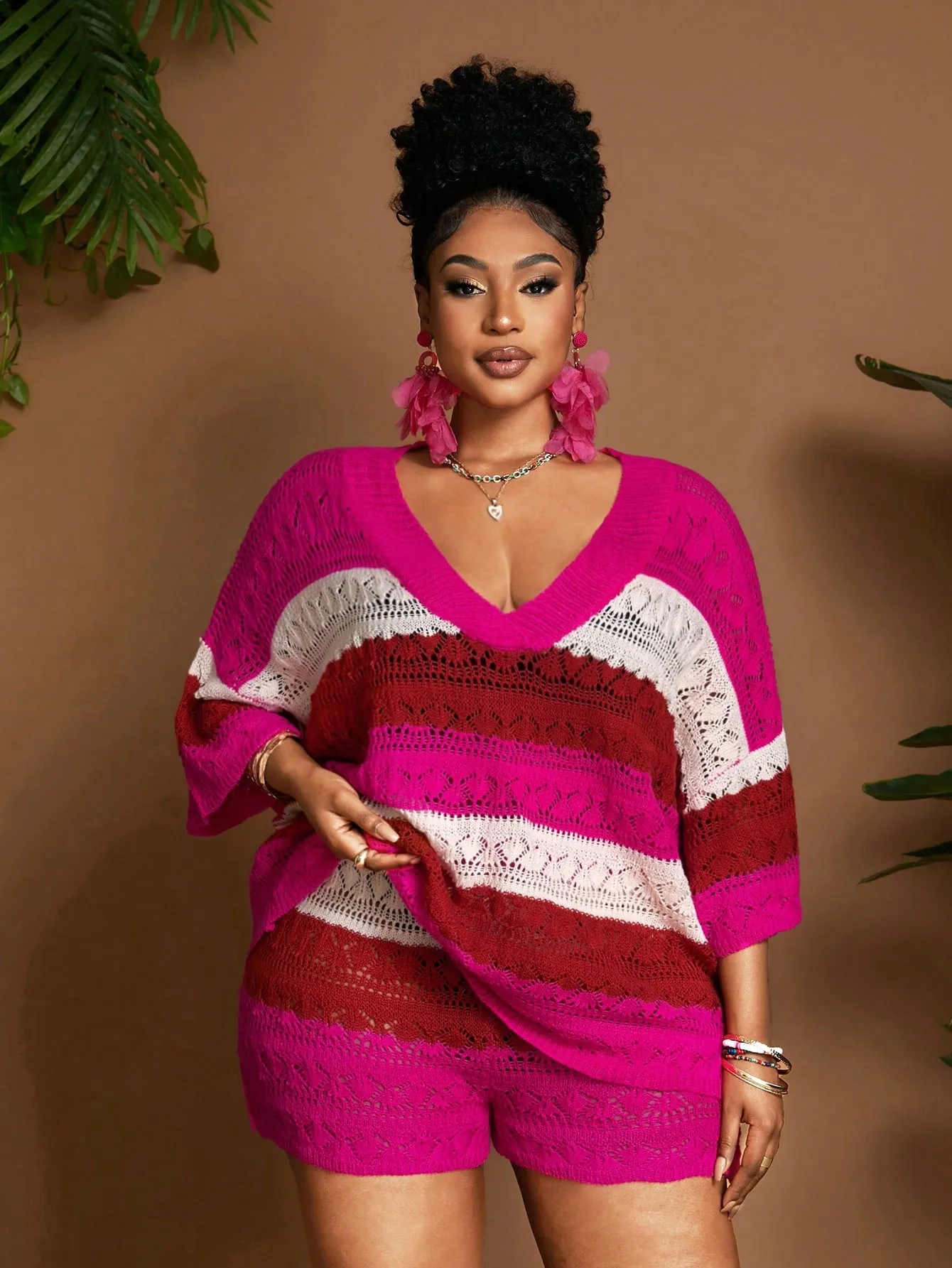 Multi-Color Striped V-Neck Boho 2 Piece Set - Plus Size