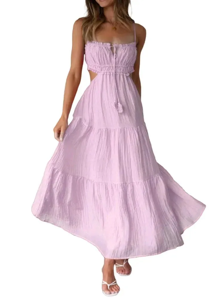 Musa - Women's sleeveless maxi dress with seams and ruffles