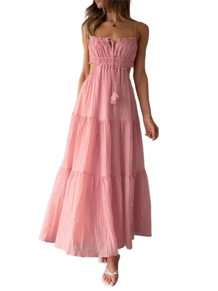 Musa - Women's sleeveless maxi dress with seams and ruffles
