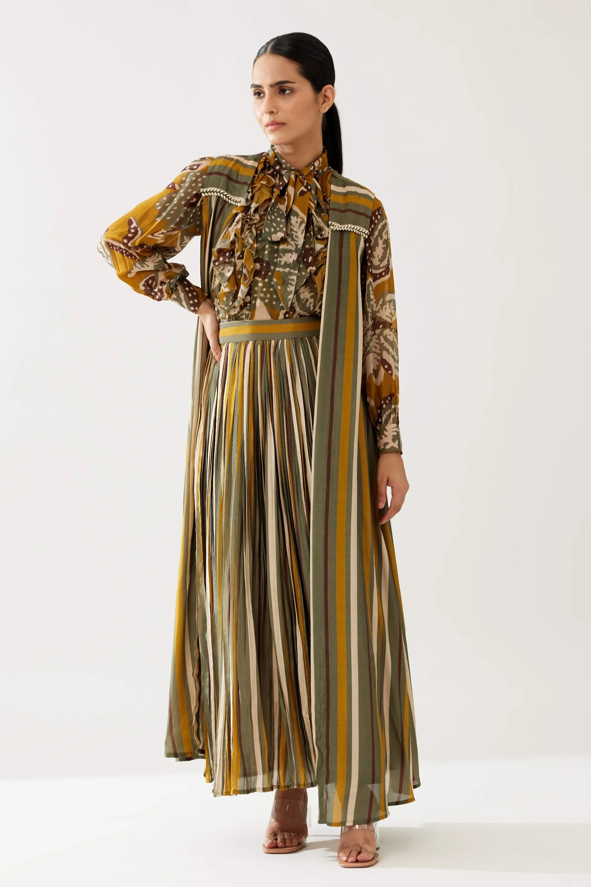 Mustard and olive stripe sleeveless cape