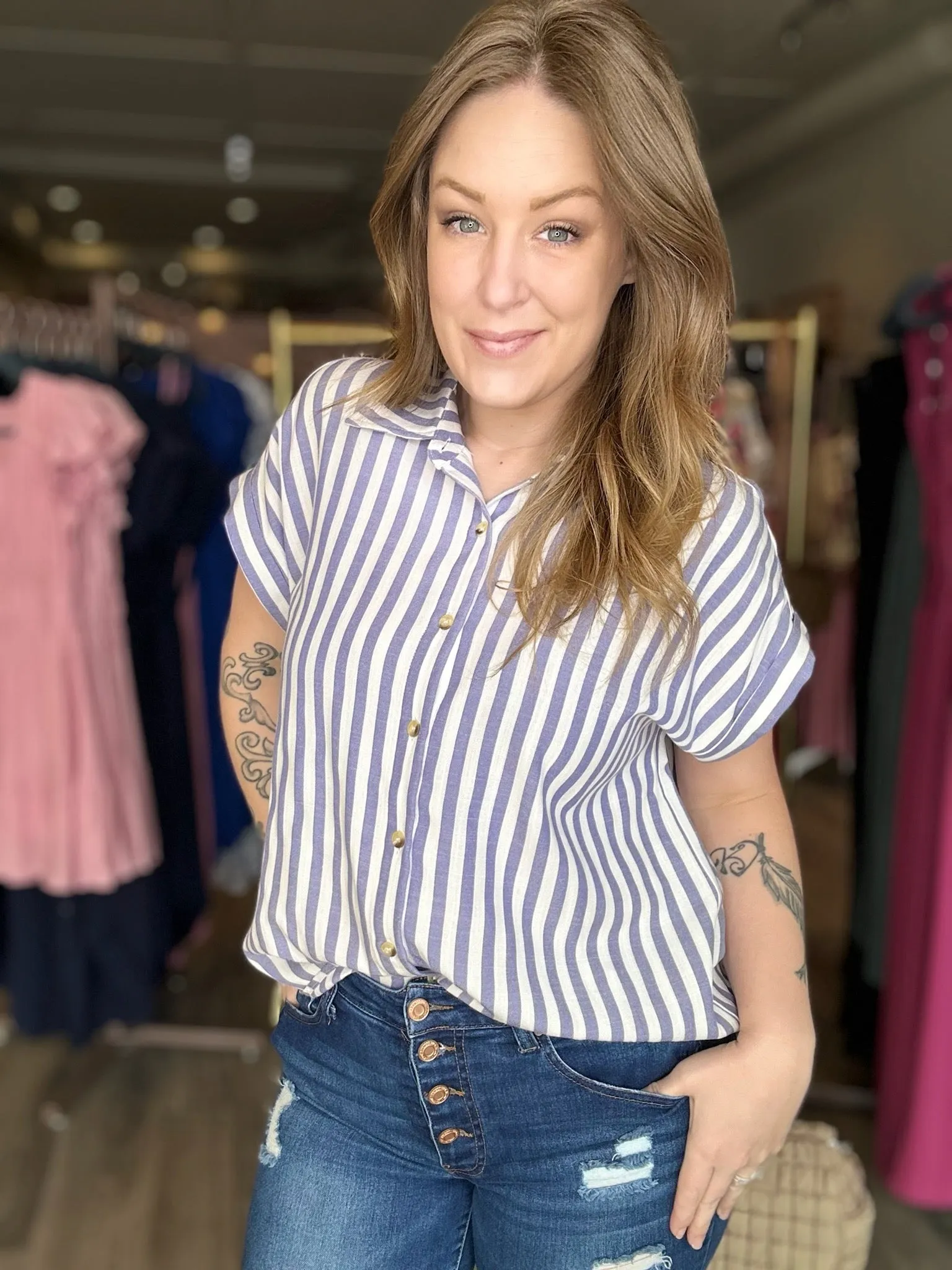 Navy Striped Button Down Shirt