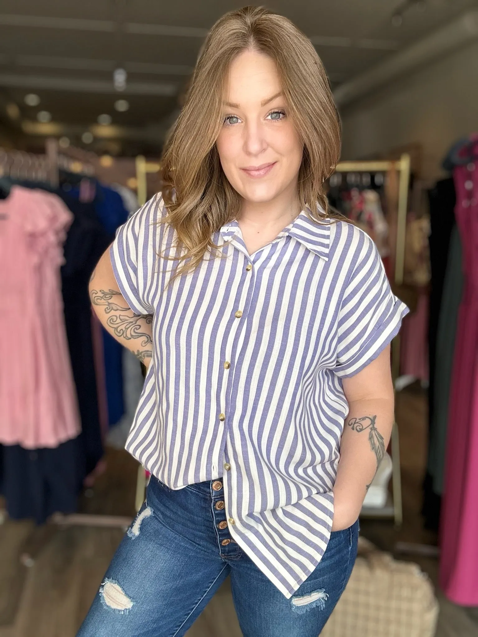Navy Striped Button Down Shirt