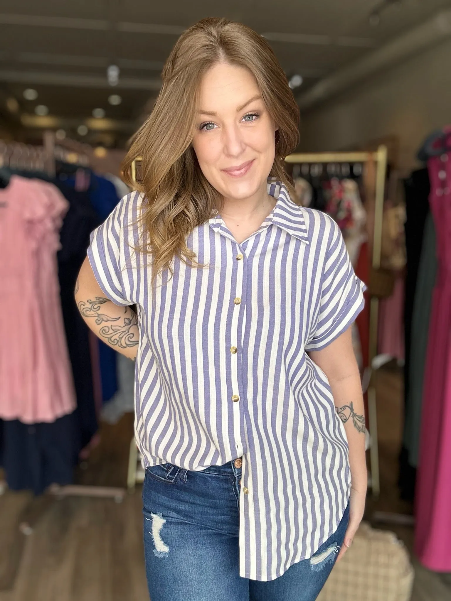 Navy Striped Button Down Shirt