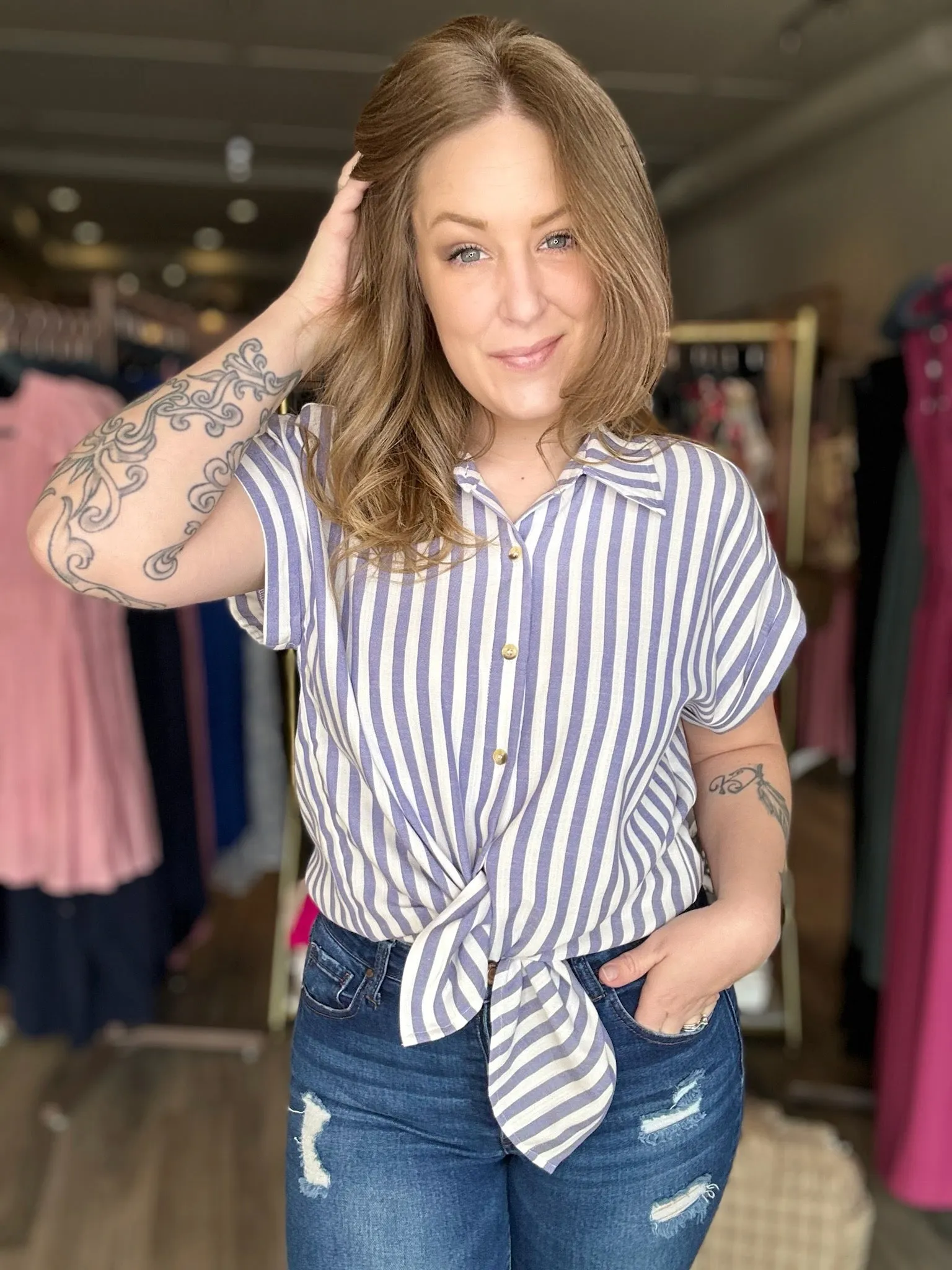 Navy Striped Button Down Shirt