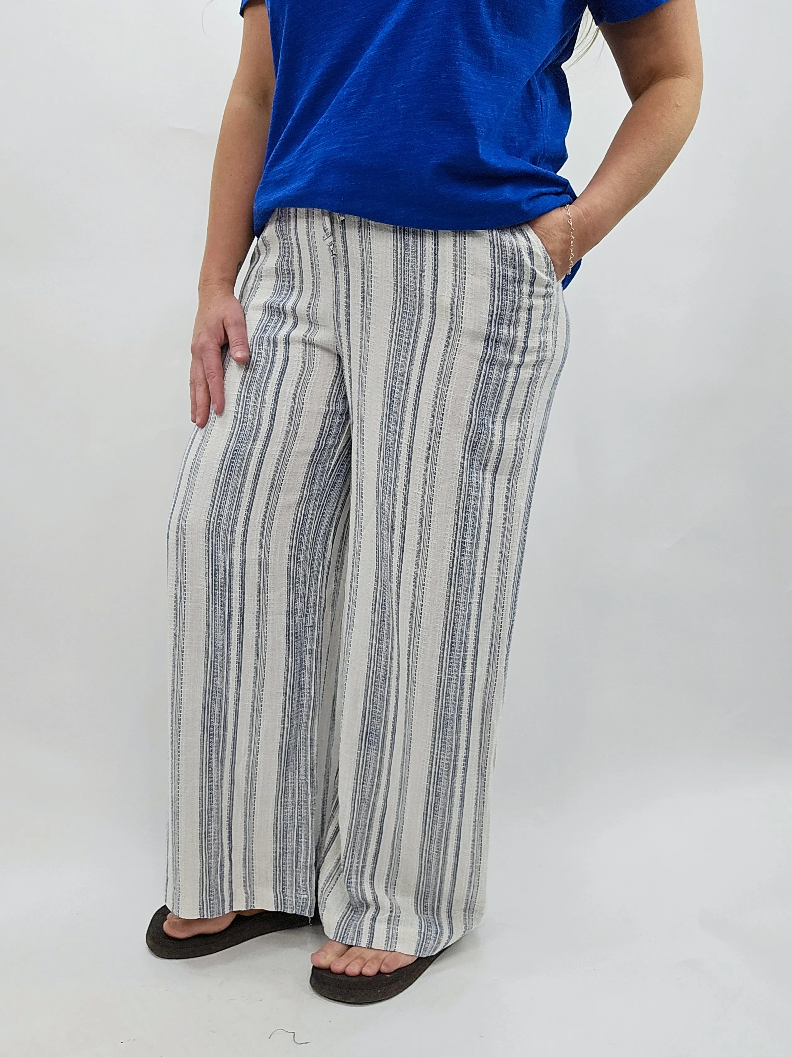 NAVY/CREAM STRIPED DRAWSTRING WIDE LEG PANT