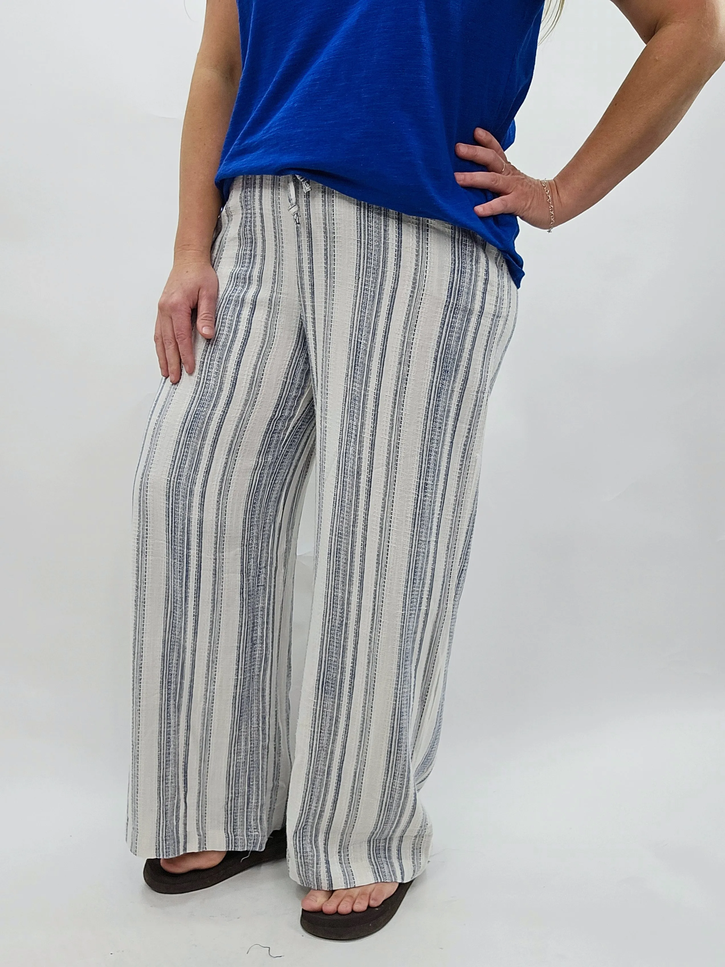 NAVY/CREAM STRIPED DRAWSTRING WIDE LEG PANT