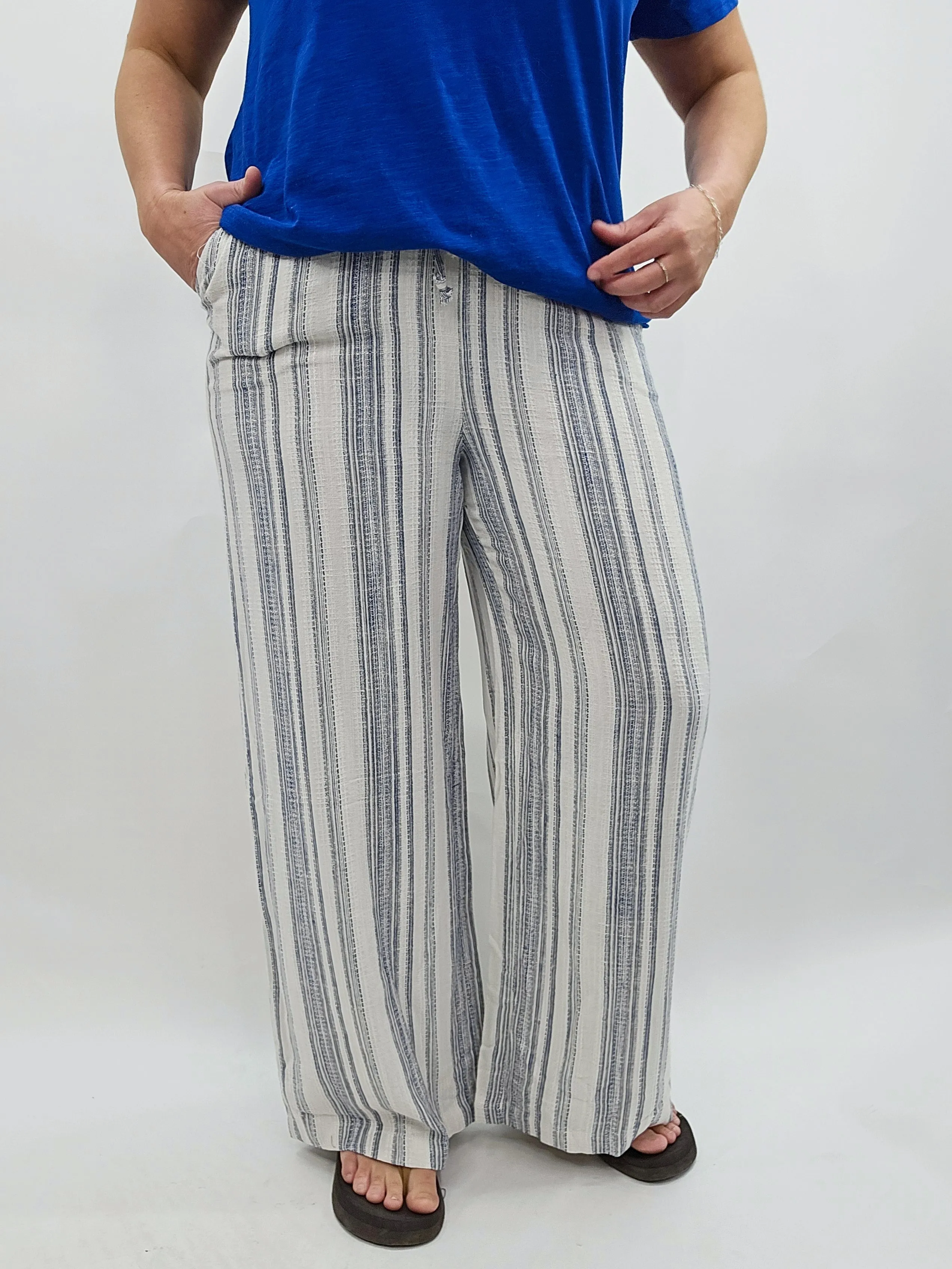NAVY/CREAM STRIPED DRAWSTRING WIDE LEG PANT