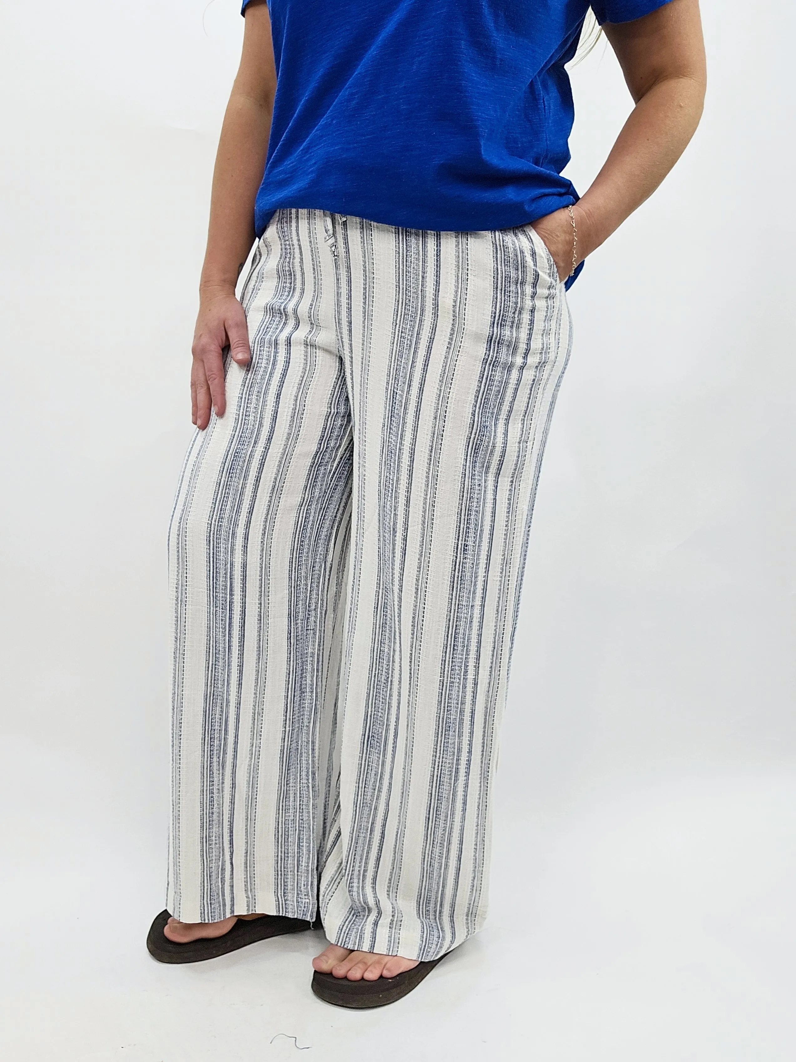 NAVY/CREAM STRIPED DRAWSTRING WIDE LEG PANT