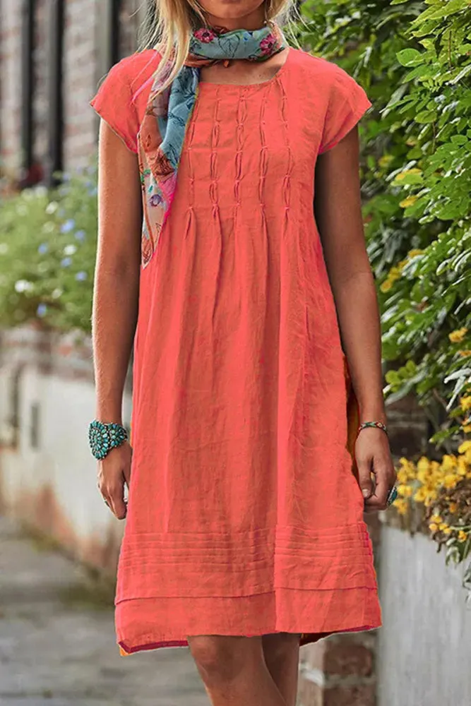 Neve - Short-sleeved leisure dress with U-neck in plain patchwork