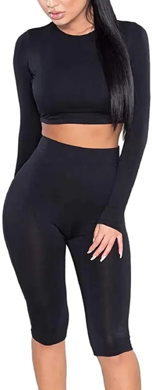 New Amilia Womens Sexy Long Sleeve Crop Tops High Waist Leggings 2 Piece Bodycon Set Casual Outfit Tracksuit, Sz XL, Black!