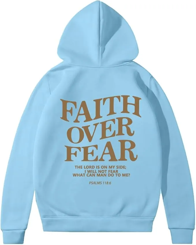NEW PANOZON Faith Over Fear Hoodie Christian Faith Religious God Tops Man Woman Pullover Y2K Sweatshirt Longsleeve Casual Tops, Blue, Sz L