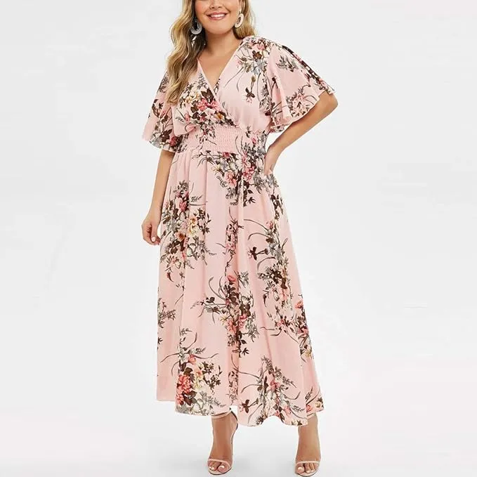 New Plus Size Maxi Dresses for Women Sexy Off Shoulder Sun Dresses Short Sleeve Beach Dresses Fashion Split Dress sz 3X Fits like 1X