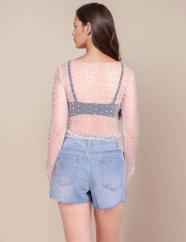 Nude Pearl Rhinestone Studded See Through Mesh Crop Top