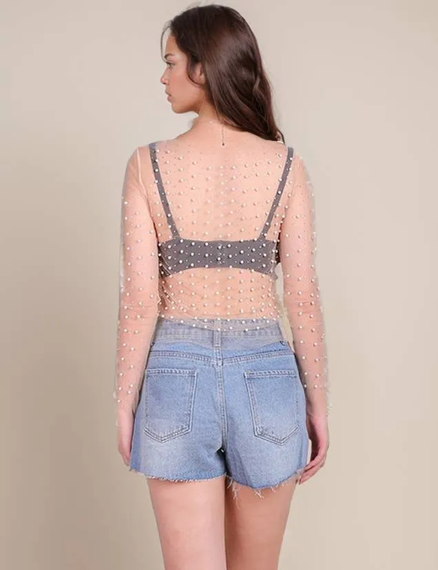 Nude Pearl Rhinestone Studded See Through Mesh Crop Top