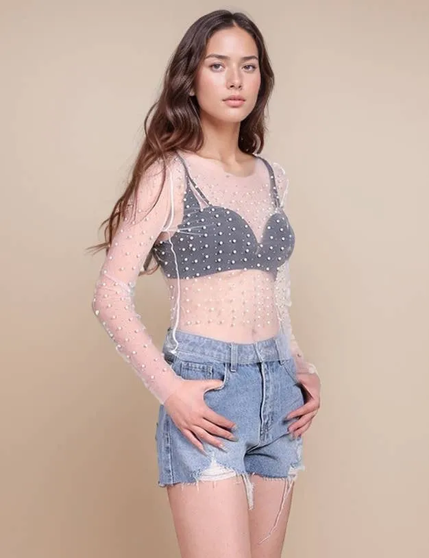 Nude Pearl Rhinestone Studded See Through Mesh Crop Top