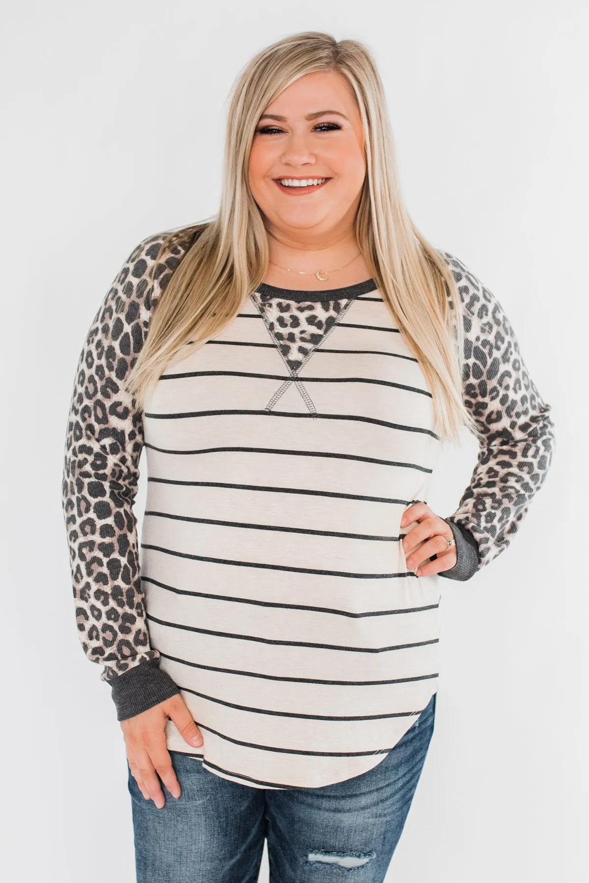 Oh So Fierce Long Sleeve Top- Charcoal & Leopard