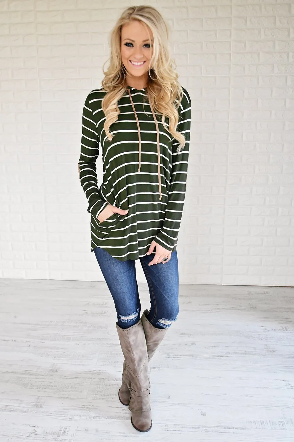 Olive Striped Hoodie w/ Elbow Patches