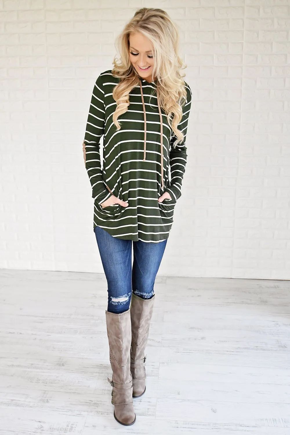 Olive Striped Hoodie w/ Elbow Patches