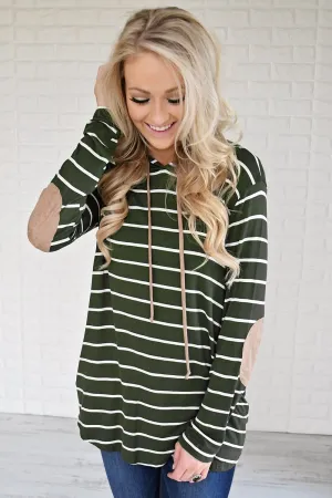 Olive Striped Hoodie w/ Elbow Patches