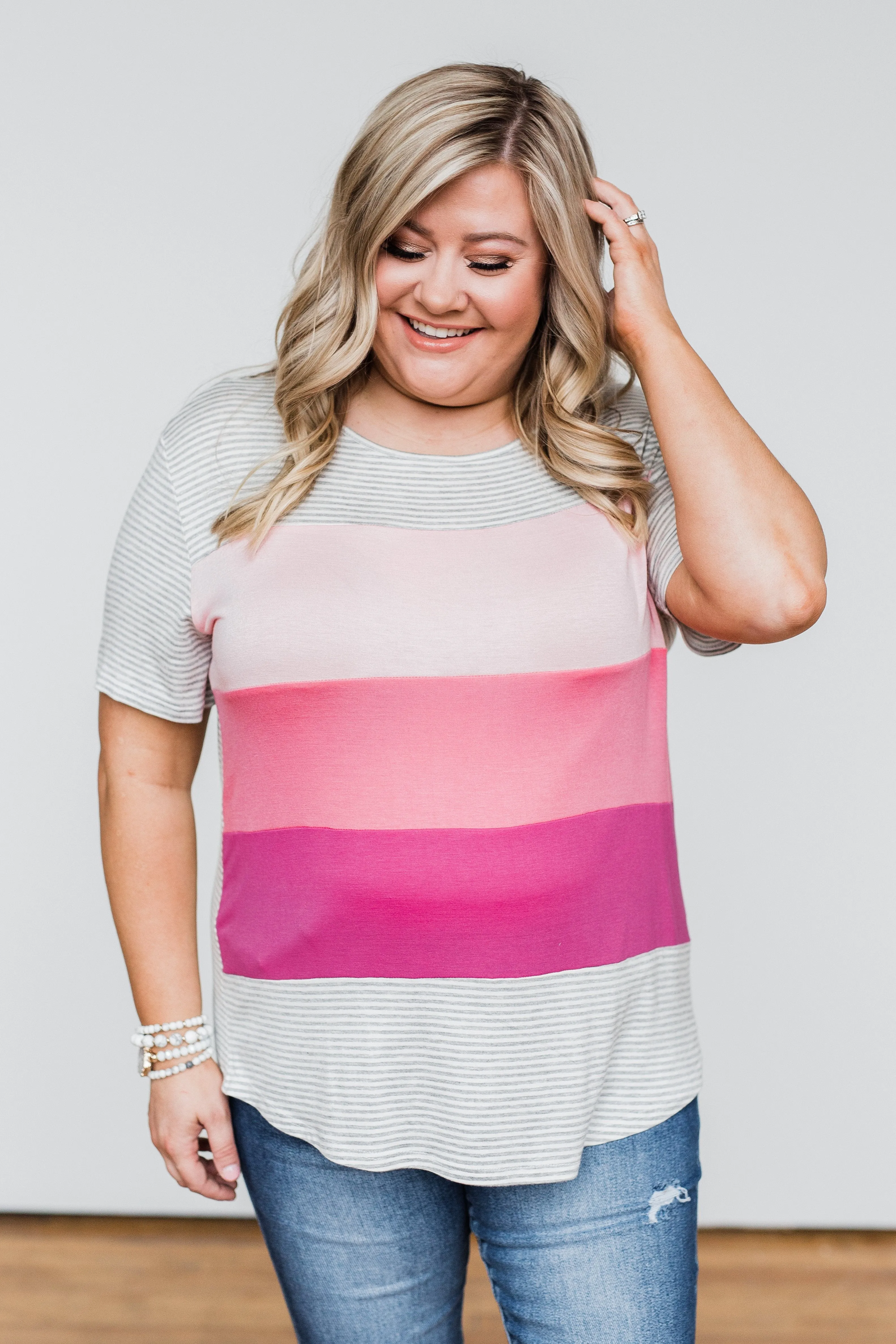 One Day At A Time Striped Color Block Top- Shades of Pink