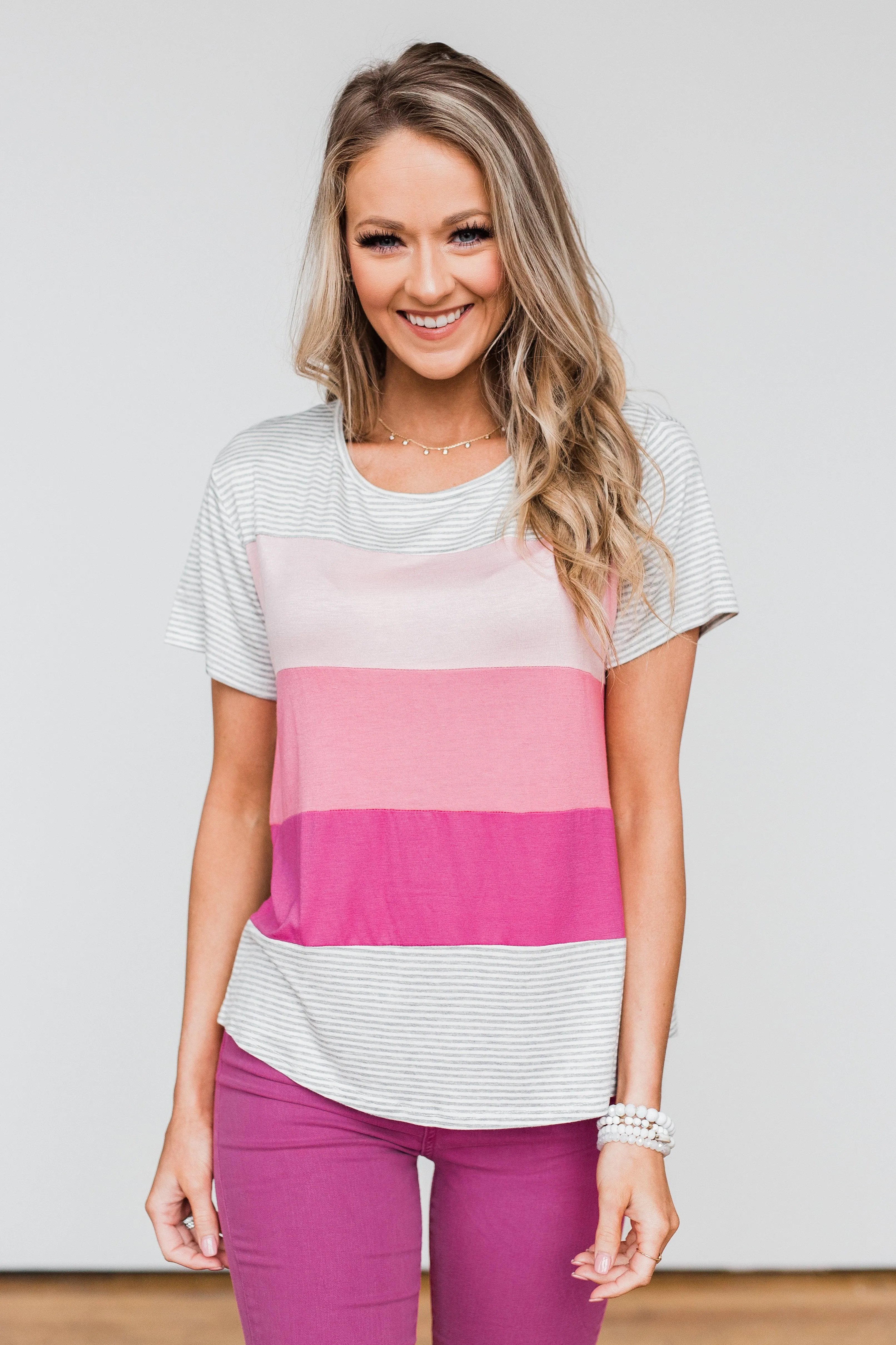 One Day At A Time Striped Color Block Top- Shades of Pink