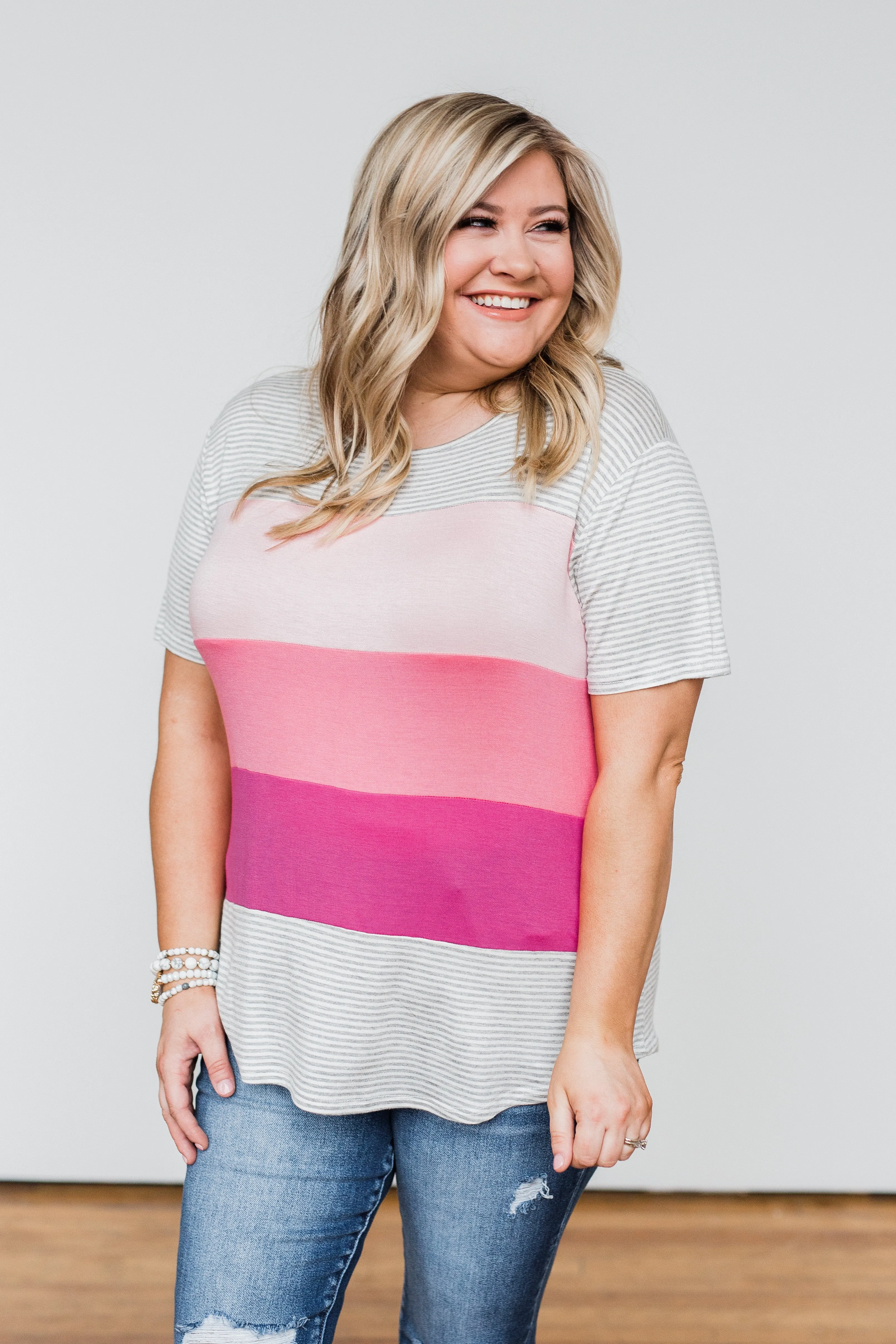 One Day At A Time Striped Color Block Top- Shades of Pink